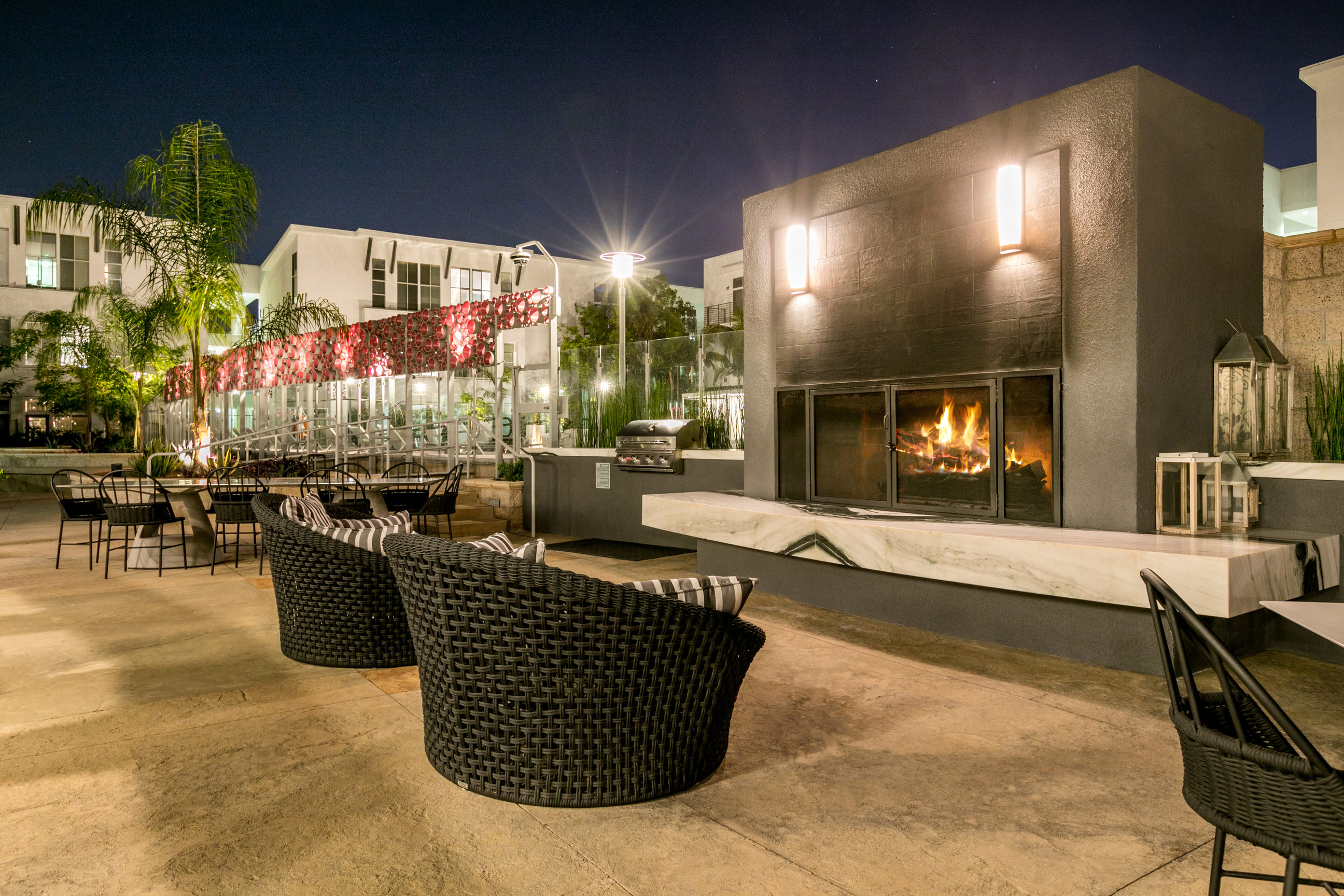 Photo of outdoor fireplace at Lofts at NoHo Commons Apartments in North Hollywood, Los Angeles.