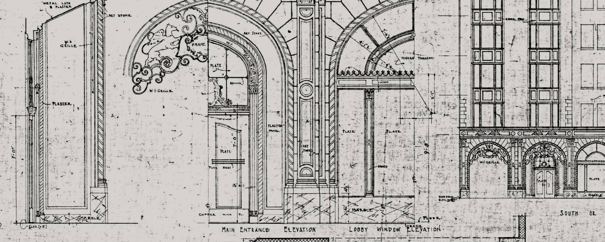 Header photo, vintage architectural drawing